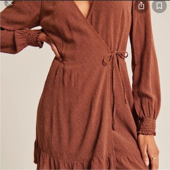Abercrombie & Fitch Brown Polka Dot Ruffle Wrap Dress Smocked Cuffs Size - Picture 2 of 11